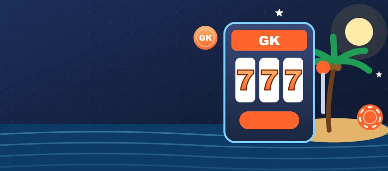 Baner Guket Casino z tropikalną wyspą, automatem i złotymi żetonami